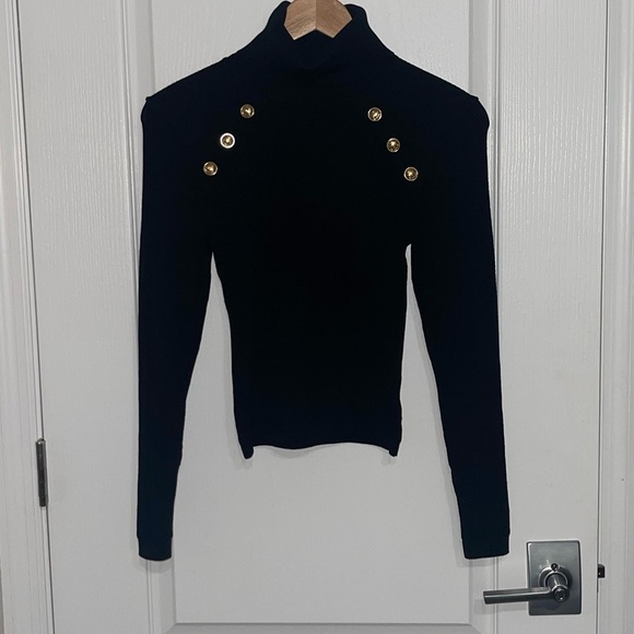 EXPRESS Black Turtleneck Sweater Military Gold Button Accent Balmain-Style Small - Picture 3 of 8